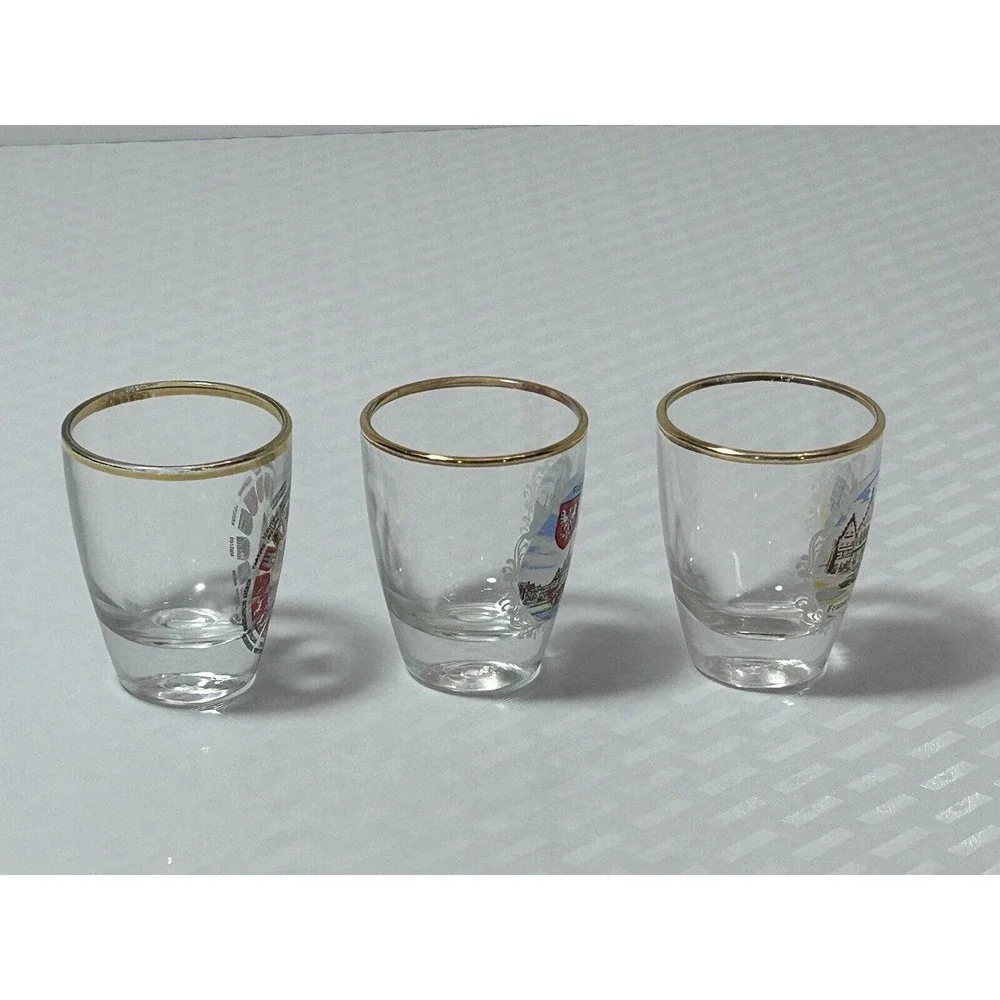 Lot Of 3 Germany Souvenir Vintage Collectible Barware Shot Glasses Gold Rim‎